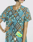 60s Day Dress Deadstock Vintage NOS Turquoise Argyle Tapa Patchwork Print XL Smartsetter VFG