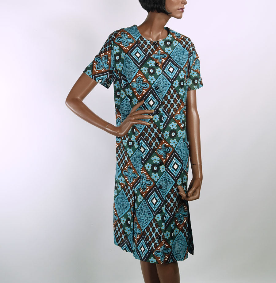 60s Day Dress Deadstock Vintage NOS Turquoise Argyle Tapa Patchwork Print XL Smartsetter VFG 60s Day Dress Deadstock Vintage NOS Turquoise Argyle Tapa Patchwork Print XL Smartsetter VFG