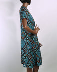 60s Day Dress Deadstock Vintage NOS Turquoise Argyle Tapa Patchwork Print XL Smartsetter VFG