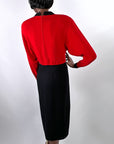 St John for Saks Red & Black Knit Dress Vintage 80s 90s Buttons & Chain VFG
