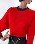 St John for Saks Red & Black Knit Dress Vintage 80s 90s Buttons & Chain VFG