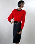 St John for Saks Red & Black Knit Dress Vintage 80s 90s Buttons & Chain VFG