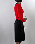 St John for Saks Red & Black Knit Dress Vintage 80s 90s Buttons & Chain VFG
