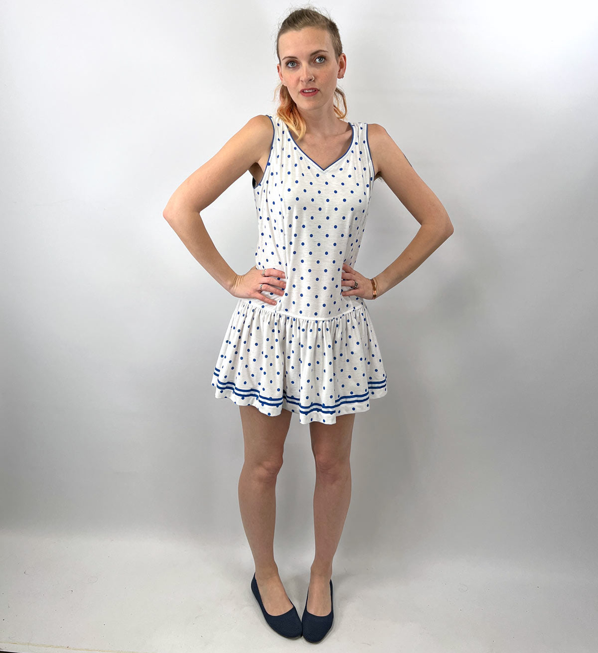 80s Polka Dot Mini Dress Vintage Scooter Drop Waist Tail Tennis VFG
