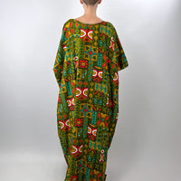 60s Caftan Vintage Batik Tiki Tapa Print Cotton Women's Orange Green Gold VFG