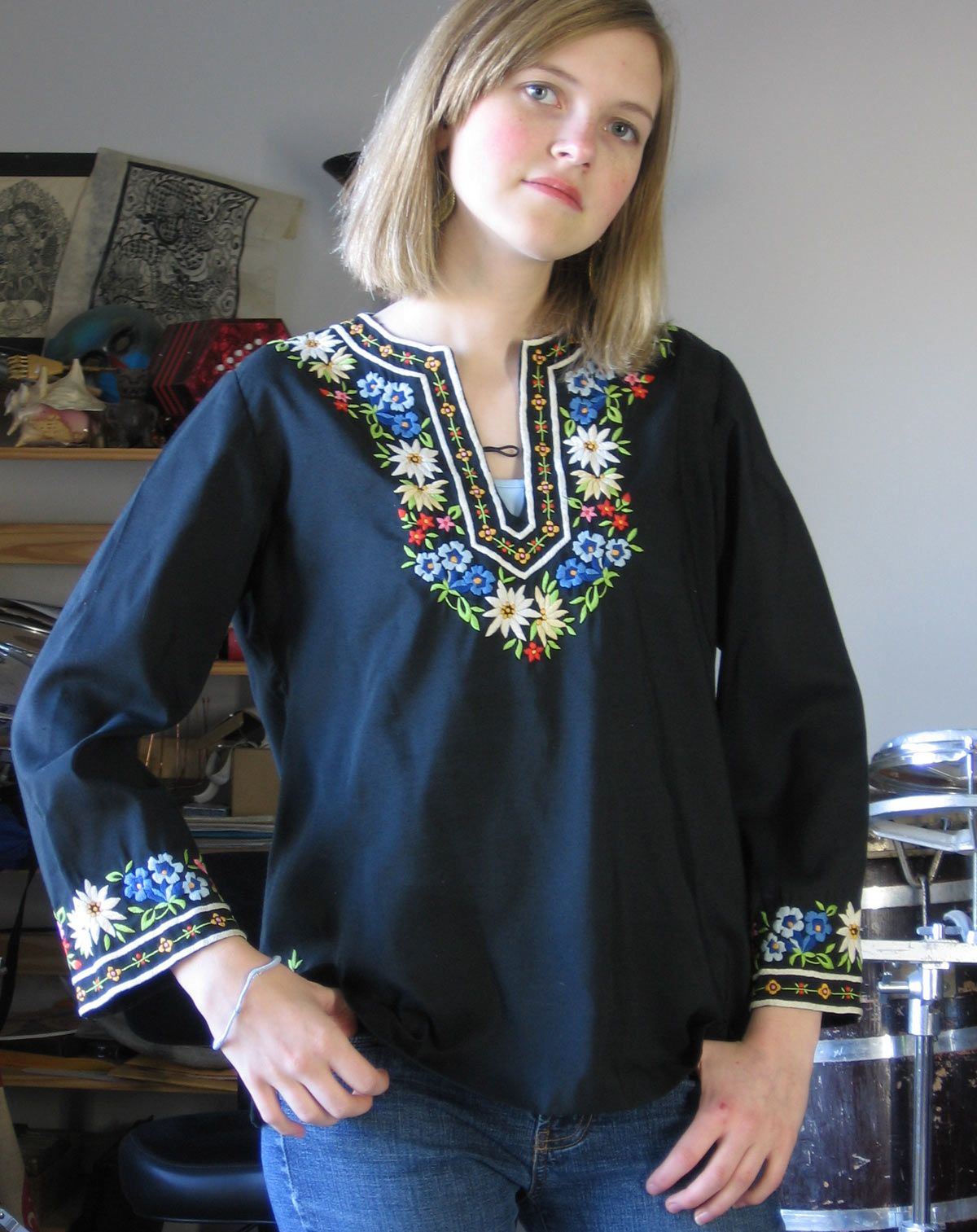 70s Women's Blouse Cottagecore Top Embroidered Vintage Boho Hippie Tunic S/M VFG Tramo