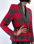 80s Designer Red & Gray Plaid Knit SweaterJacket Valentino VFG