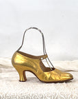 Vintage 20s Mary Jane Heels Antique Gold Leather Flapper Shoes Spanish Mallorca