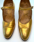 Vintage 20s Mary Jane Heels Antique Gold Leather Flapper Shoes Spanish Mallorca