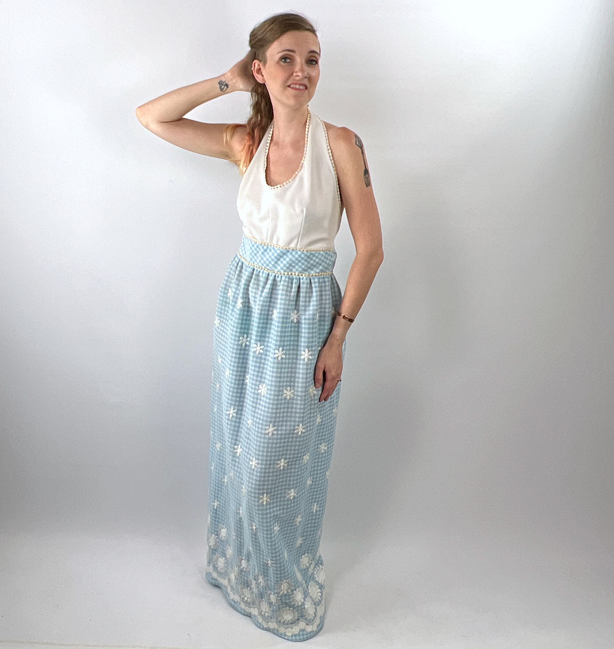 60s Maxi Dress Halter Neck Gingham Medium Vicky Vaughn VFG
