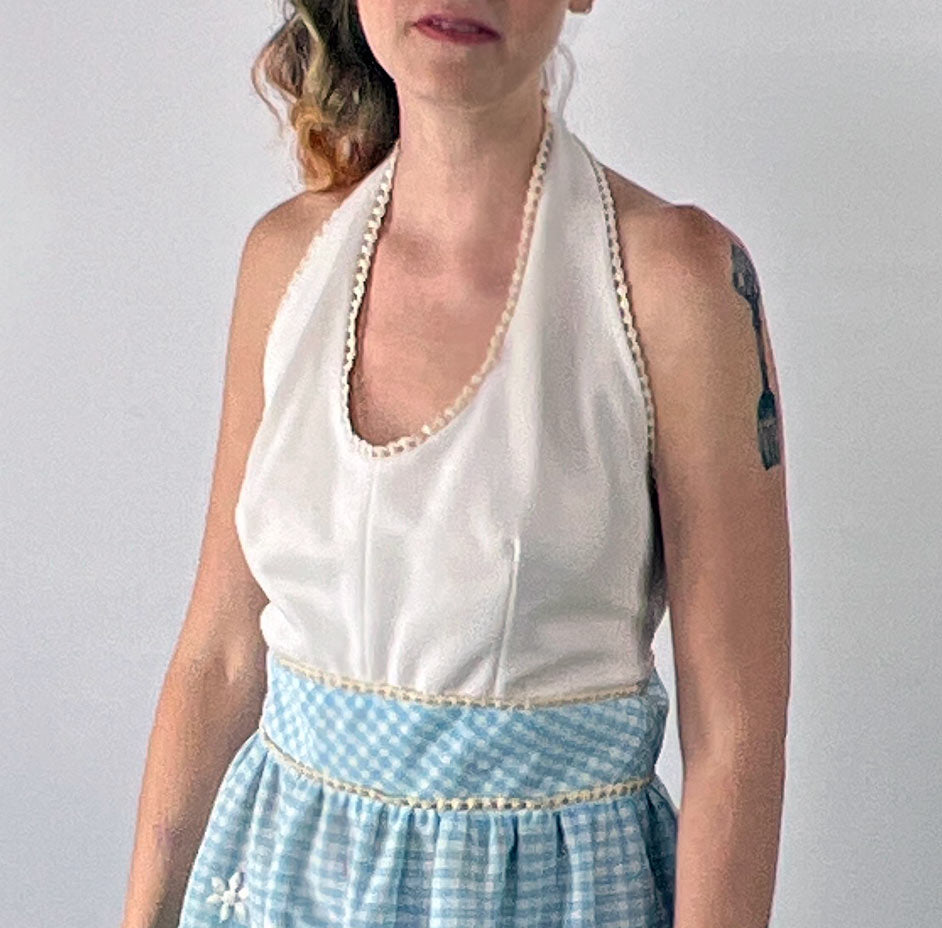 60s halter neck dress Maxi Gingham Medium Vicky Vaughn VFG COLOR:ELECTRIC BLUE general color hits above the knee Gold in Dress to