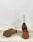 Vintage 20s Heels Brown Fabric Shoes Leather Trim Ankle Strap Button The White House VFG