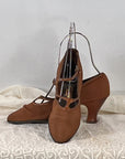 Vintage 20s Heels Brown Fabric Shoes Leather Trim Ankle Strap Button The White House VFG