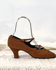 Vintage 20s Heels Brown Fabric Shoes Leather Trim Ankle Strap Button The White House VFG