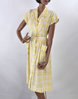 40s Summer Day Dress Vintage 50s Sunny Yellow Plaid Medium VFG