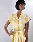 40s Summer Day Dress Vintage 50s Sunny Yellow Plaid Medium VFG