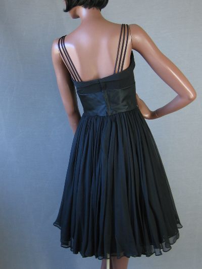 Women's 50s Dress Party Vintage Black Chiffon Full Skirt LBD Silk