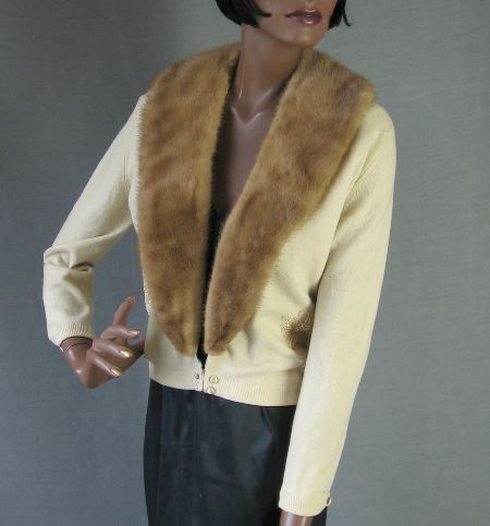 another view, 50s cropped cashmere cardigan sweater with fur collar