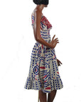another side view, geometric wax block printed sun dress