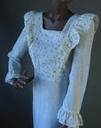 floral sprigged bodice, pinafore ruffle Boho dress