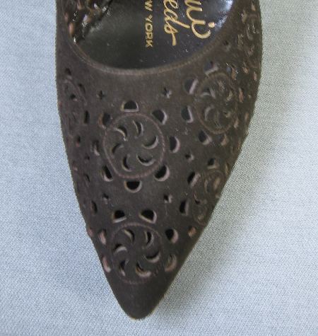 closeup, 1960s vintage heels cutwork embellishment