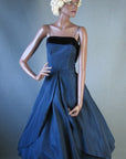 Vintage 50s Women's Dress Taffeta Full Skirt Dance Velvet Trim Medium VFG