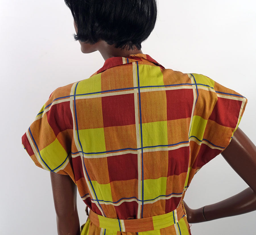 40s 50s  Women's Day Dress Vintage Large Scale Plaid Sunshine Colors M/L VFG Brentwood JC Penney