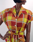 40s Day Dress 50s  Women's Vintage Large Scale Plaid Sunshine Colors M/L VFG Brentwood JC Penney