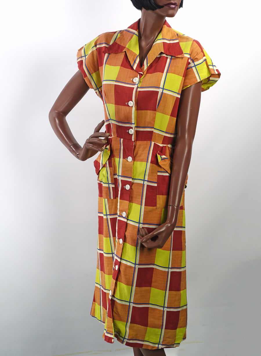 40s Day Dress 50s  Women's Vintage Large Scale Plaid Sunshine Colors M/L VFG Brentwood JC Penney