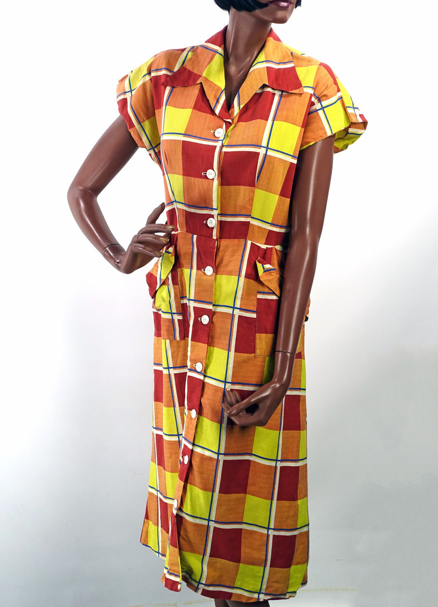 40s Day Dress 50s  Women's Vintage Large Scale Plaid Sunshine Colors M/L VFG Brentwood JC Penney