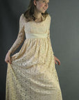 another view, feminine 70s ivory cream lace maxidress