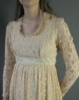 empire waist bodice, 1970s lace Regency style dress