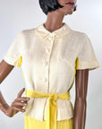 60s Skirt & Blouse Outfit Women's Vintage Deadstock Yellow White Colorblock Tunic Small VFG Carole King