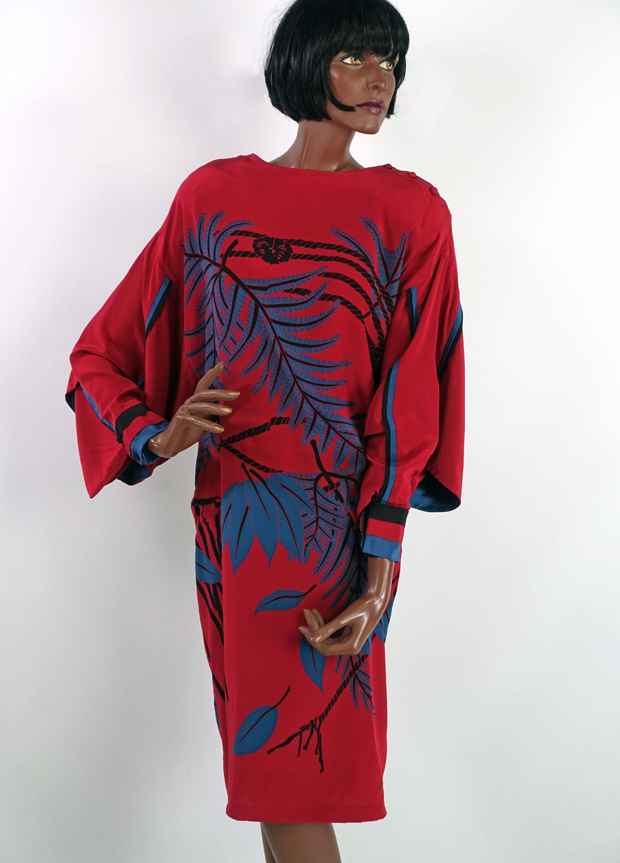 80s Dress Dramatic Vintage Wedding Guest Silk Kimono Sleeves Bold Graphic Print Women's Medium Sue Wong VFG 80s Dress Dramatic Vintage Wedding Guest Silk Kimono Sleeves Bold Graphic Print Women's Medium Sue Wong VFG