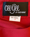 80s red kimono sleeve drerss label, Cee Gee by Sue Wong