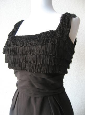 fringe covered bodice, 1960s LBD black wiggle dress