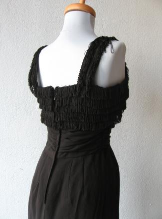 back view of bodice, 60s empire waist sheath dress with fringe
