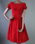 1950s red velvet full skirt vintage cocktail dress