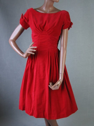 1950s red velvet full skirt vintage cocktail dress