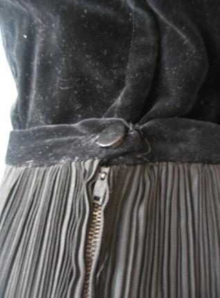 close up detail, 50s cocktail separates waistband showing velvetten top and crystal pleated taffeta skirt