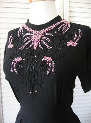 40s Vintage Women's Black Cocktail Dress Pink Beaded Accent LBD