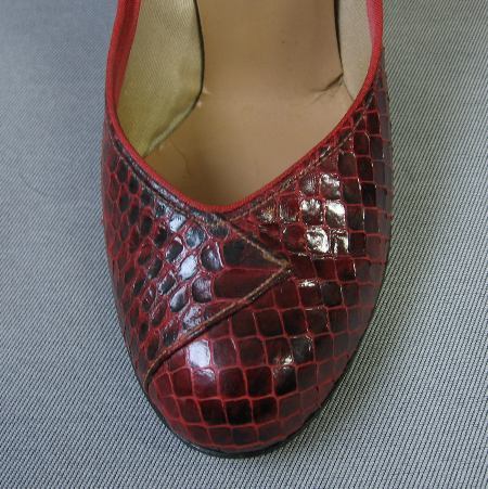 close up detail, vintage 50s red cobra snakeskin shoes