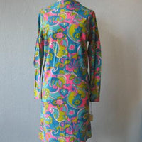 Women's 60s Mini Dress Mod Vintage Psychedelic Print New Old Stock Jersey Medium VFG