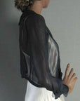 side view, long sleeved 1900s navy blue chiffon blouse
