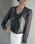 semisheer dark blue chiffon 1900s embroidered blouse