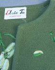 Women's 60s Elsie Tu Sweater Jac Cardigan Vintage Trapunto Embroidery Small VFG Green