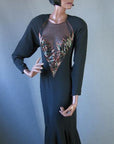 80s cocktail dress with sheer very low neckline and strategically placed beaded flames
