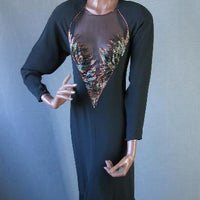 80s cocktail dress with sheer very low neckline and strategically placed beaded flames
