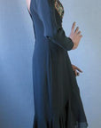 side view, 80s beaded cocktail dress showing waterfall assymmetric skirt