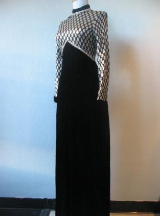 70s Dress Black Velvet Silver Sparkle Dot Empire Long Vintage Extra Small to Small VFG
